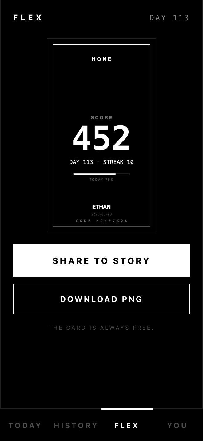 Hone's Flex screen: a shareable card showing score, day count, streak and handle.