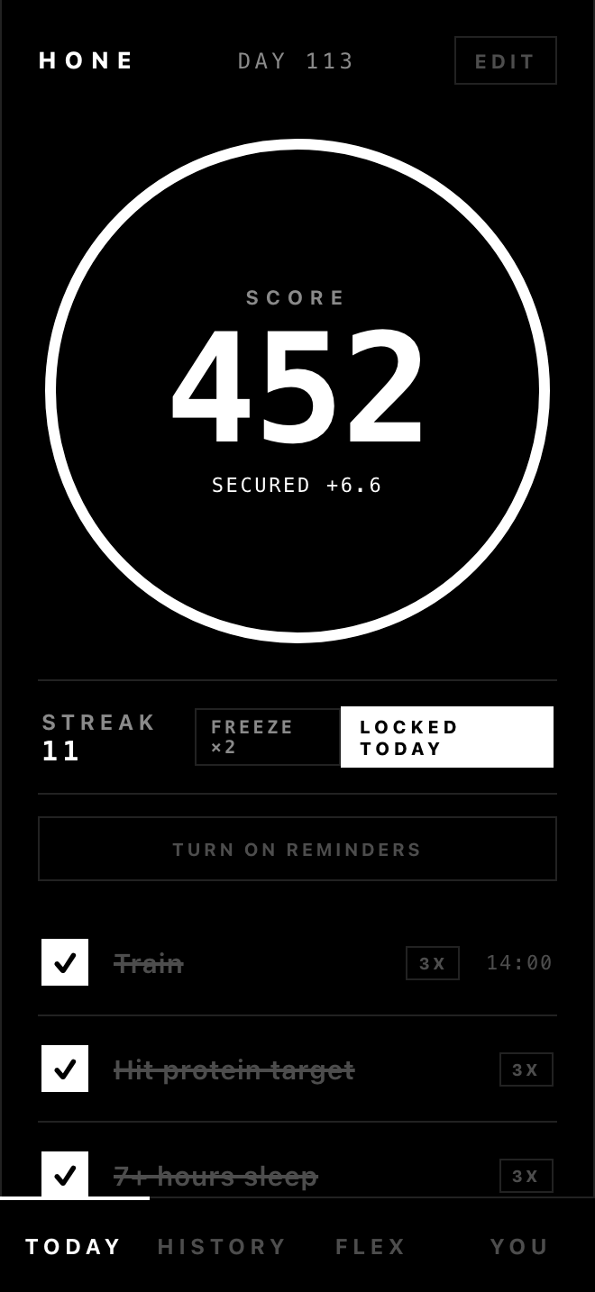Hone's Today screen with every habit checked and the day locked.